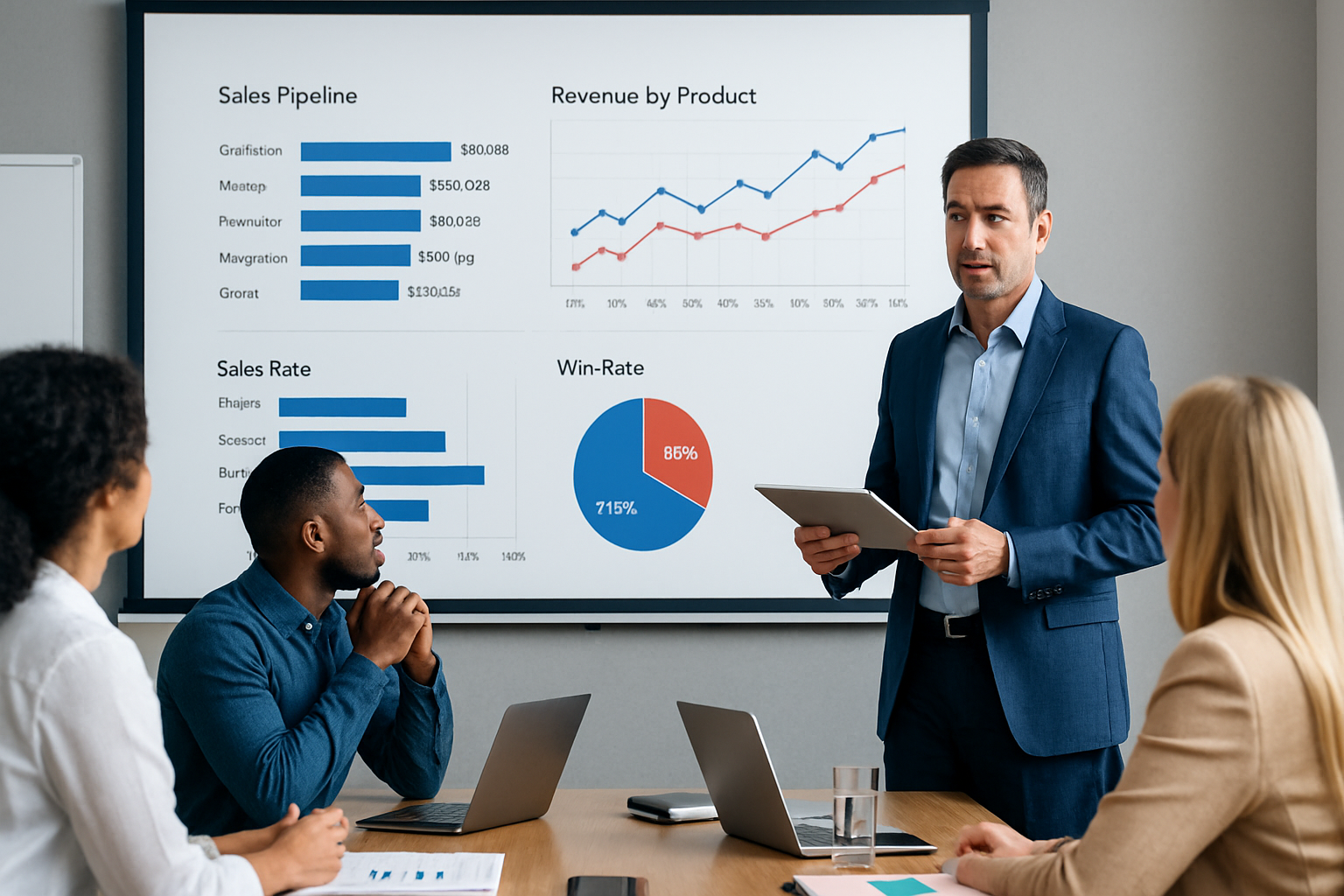 Sales leader reviewing pipeline and performance metrics in a CEO Focus-style meeting